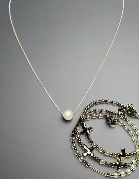 Cross Bracelets Set & Fresh Water Pearls Necklace Bundle & Save 20%