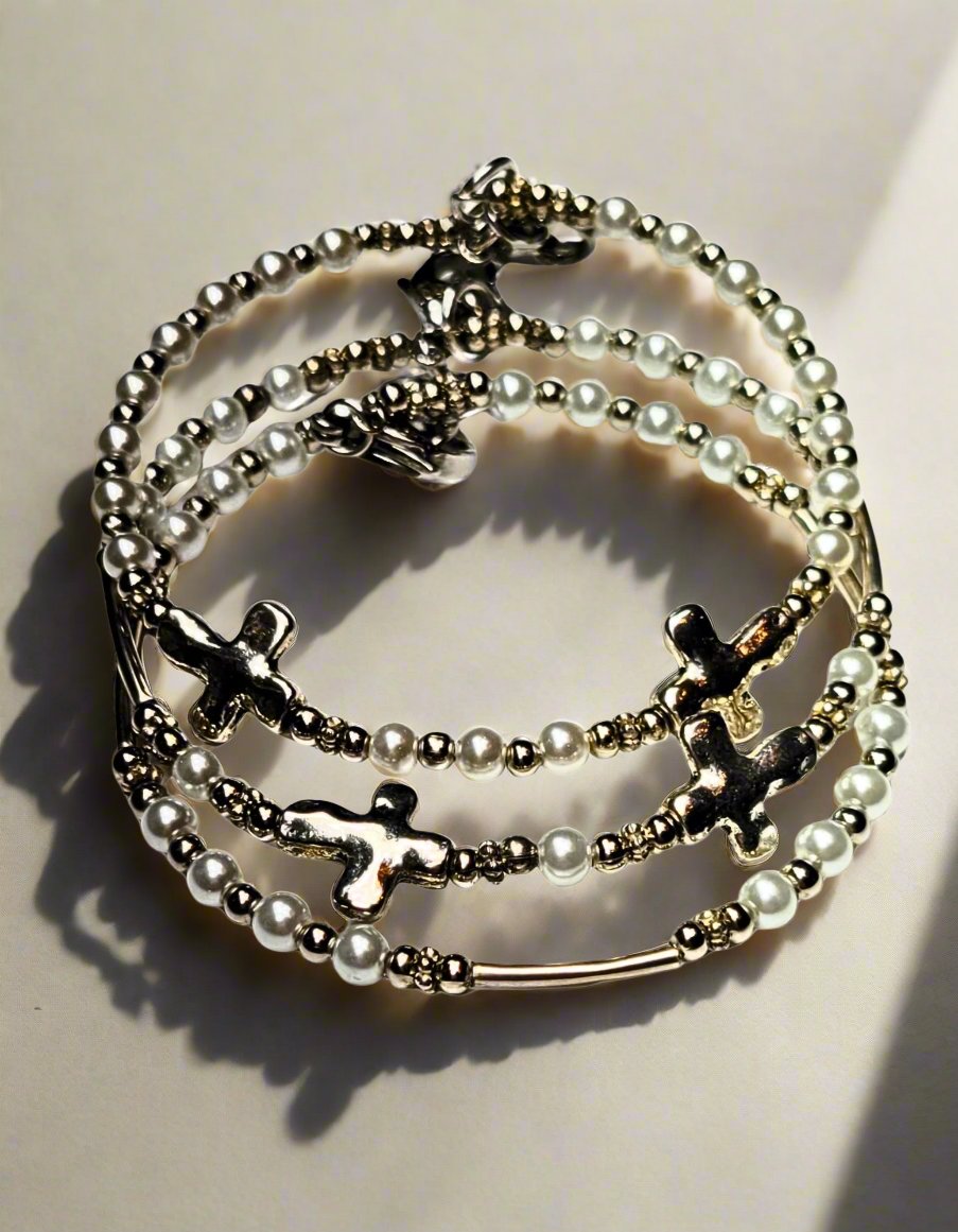 Cross and Faux Pearls Bracelets Trio