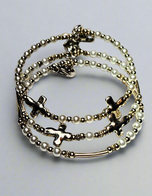 Cross and Faux Pearls Bracelets Trio