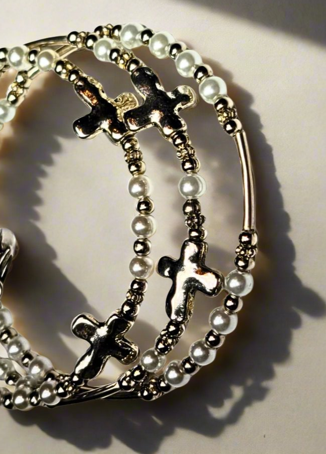 Cross and Faux Pearls Bracelets Trio